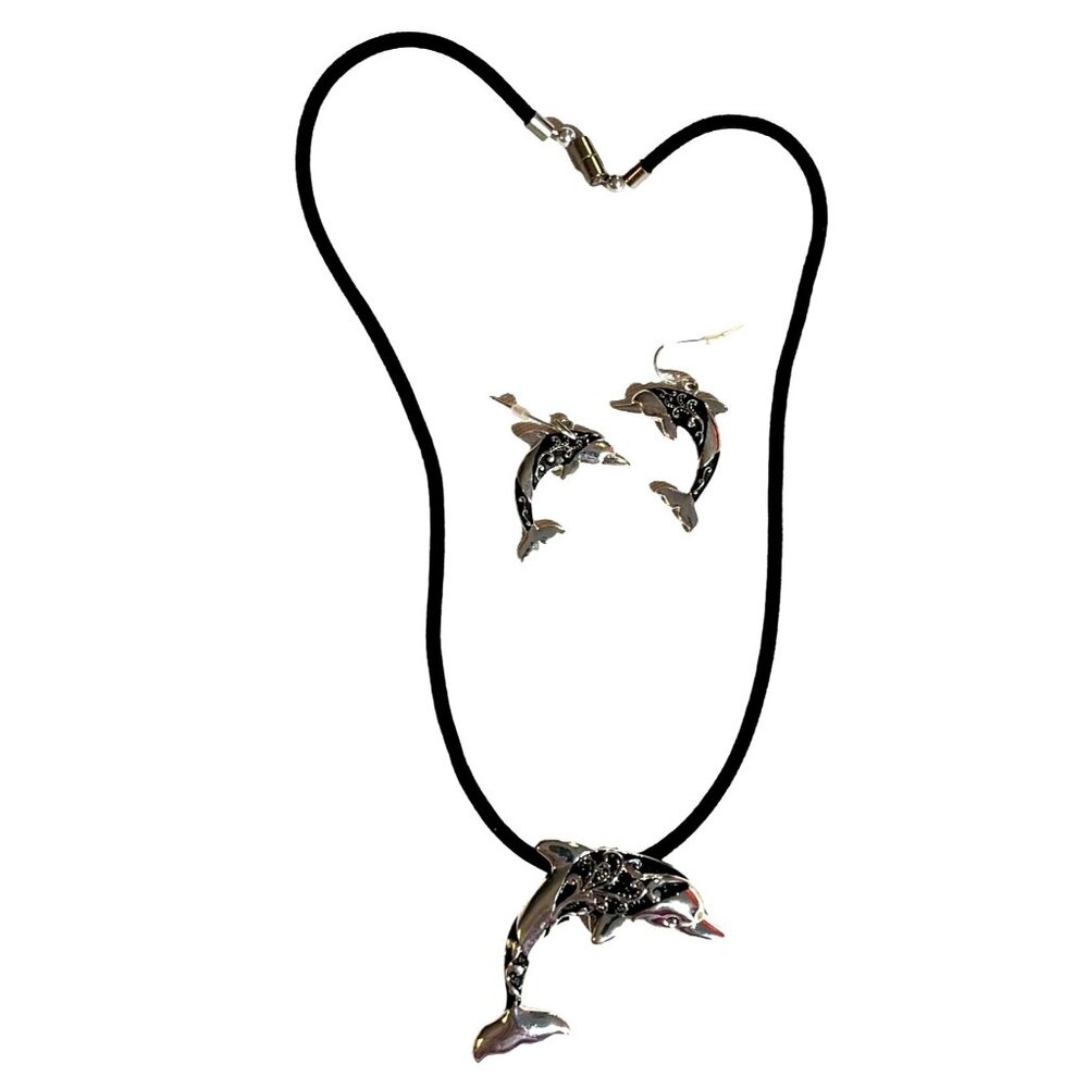 Dolphin Necklace & Earrings Set Silver Black Dolphin Pendant Swirl Black Cord